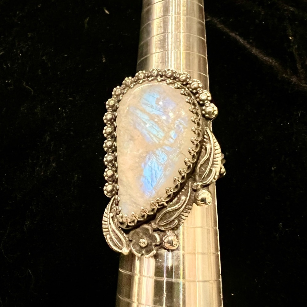 Sterling Silver Moonstone Teardrop Statement Ring - Iridescent Blue